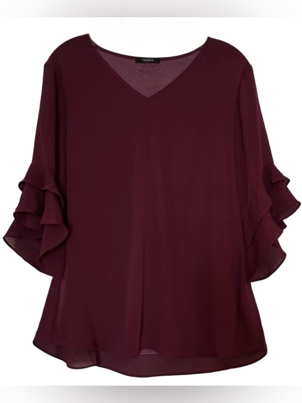 Valolia Burgundy Ruffle Sleeve Blouse Size L Flowy V Neck
